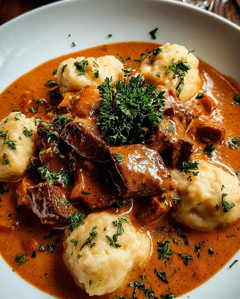 Butterzartes Rahmgulasch mit Serviettenknödel