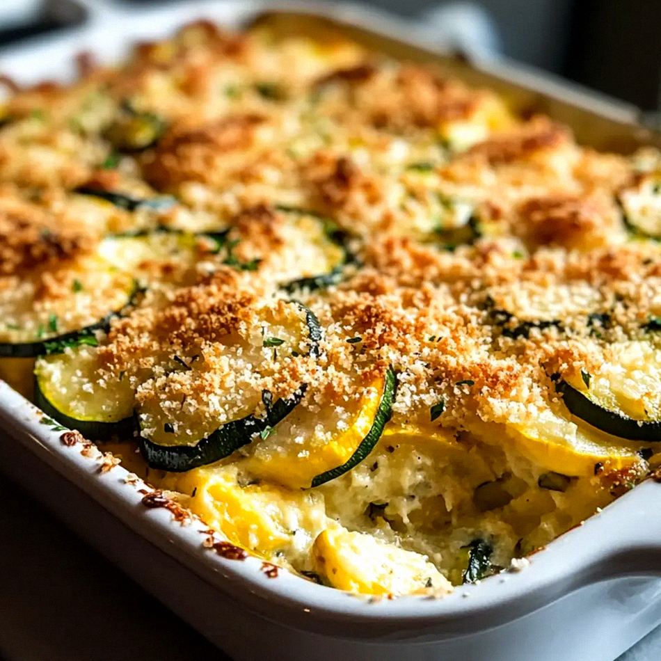 Cremiger gelber Kürbis- und Zucchini-Auflauf für den Sommer