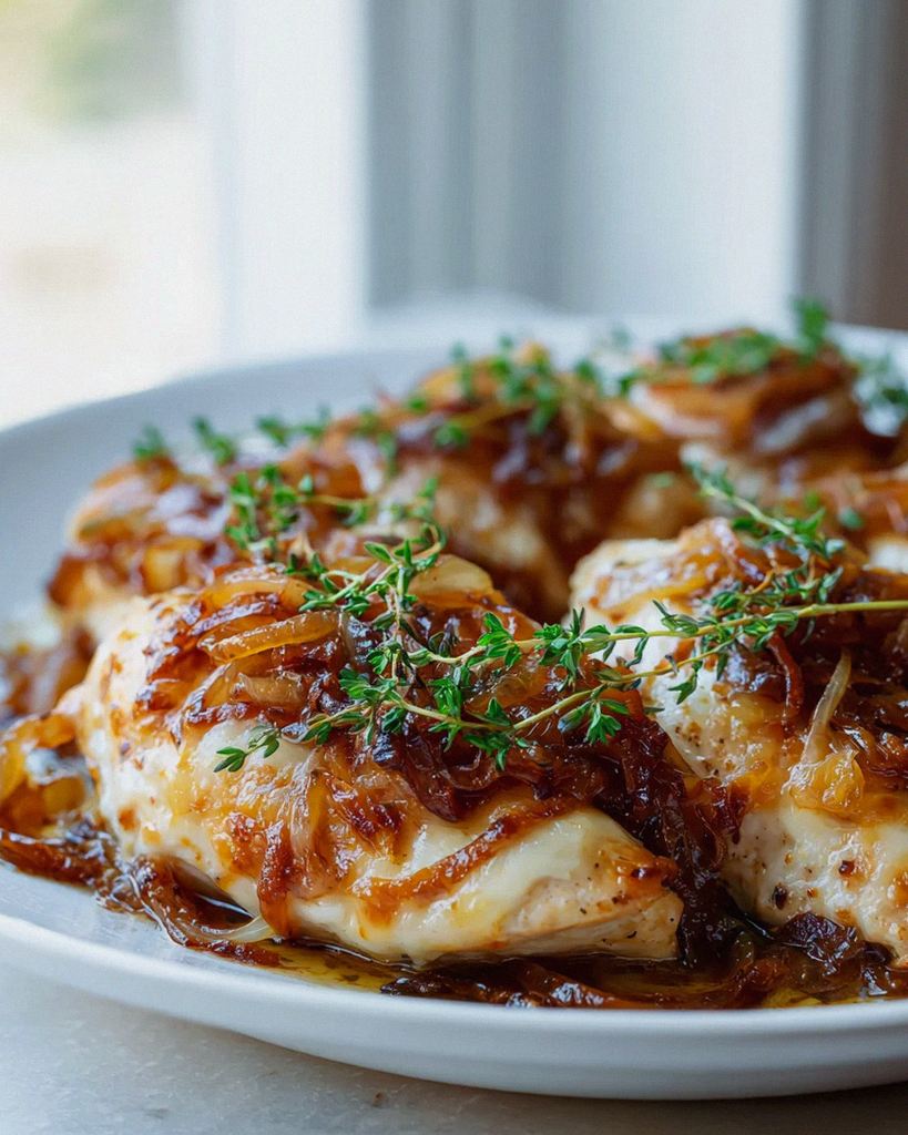 Französische Zwiebel Hähnchen-Pfanne: Cremig & mit Gruyère überbacken