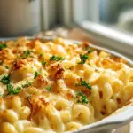 Französisches Macaroni Gratin mit Gruyère und knusprigen Schalotten