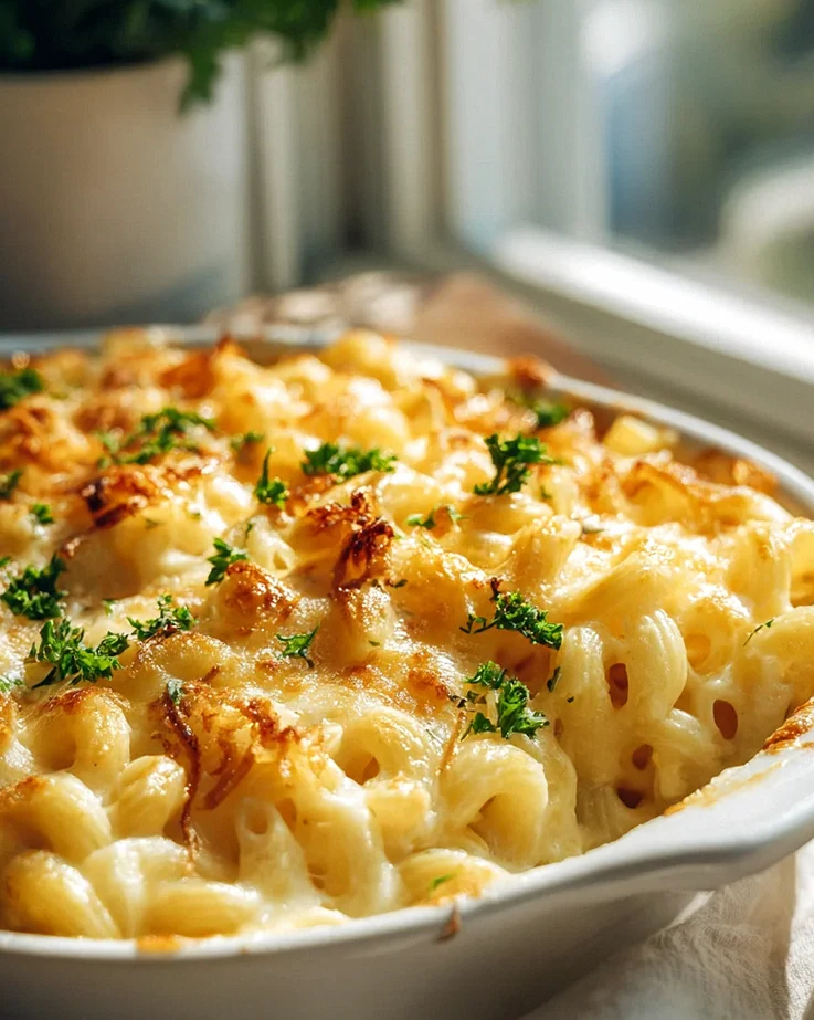 Französisches Macaroni Gratin mit Gruyère und knusprigen Schalotten