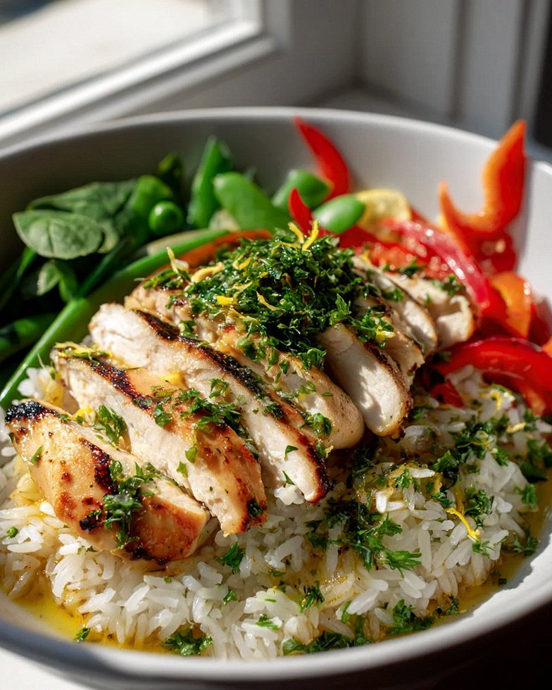 Hähnchen Reis Bowl: Frisch & lecker mit Zitronen-Dressing!