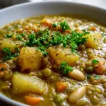 Herzhafter Linseneintopf mit Kartoffeln, alkoholfreiem Rinderbrühe und weißen Bohnen