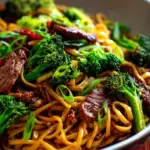 Knuspriges Rindfleisch mit Brokkoli-Nudeln