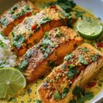 Köstlicher One Pan Kokos-Curry Lachs mit Knoblauchbutter