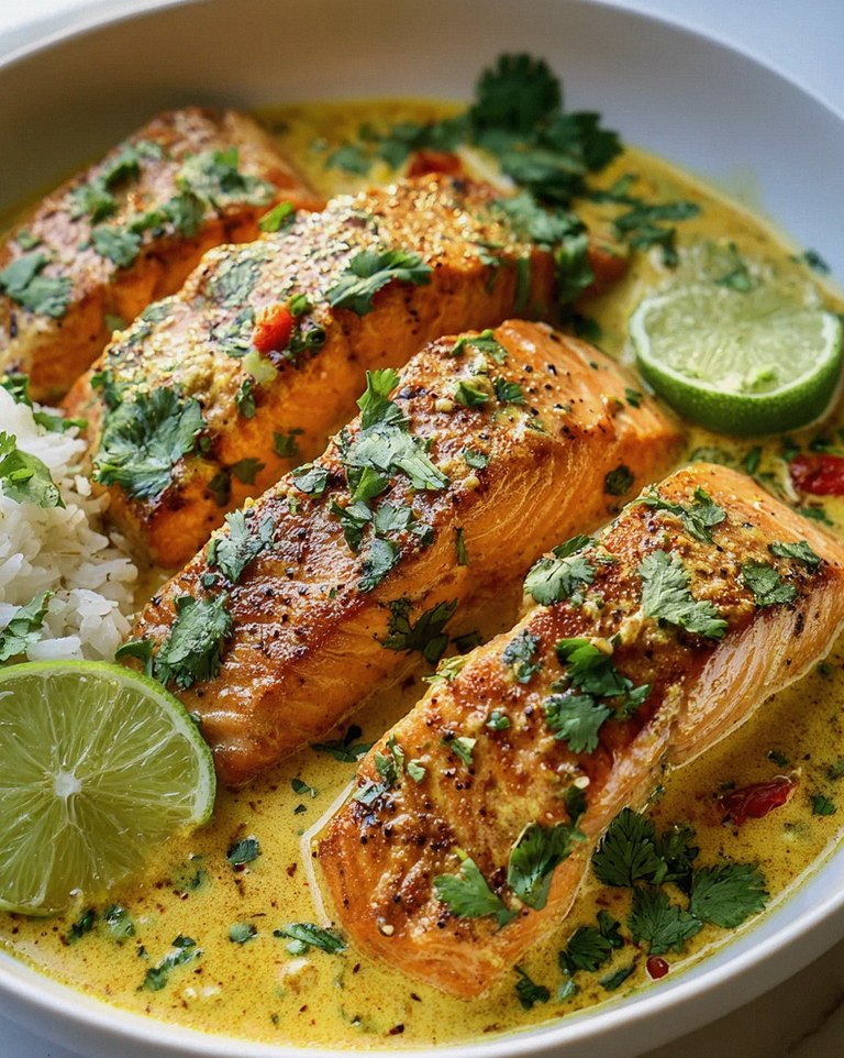 Köstlicher One Pan Kokos-Curry Lachs mit Knoblauchbutter
