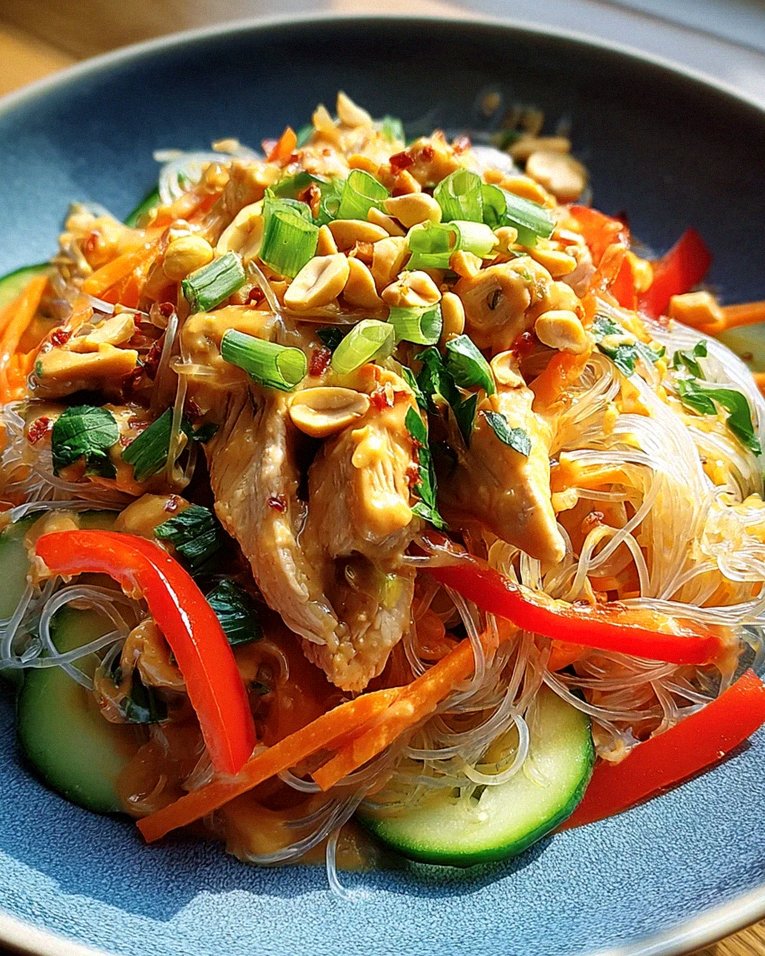 Lauwarmer Glasnudelsalat mit Erdnusshähnchen