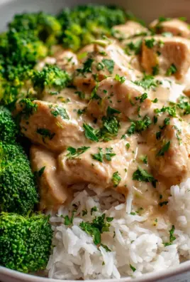 Leckere cremige Hähnchen Bowl mit Reis und frischem Brokkoli