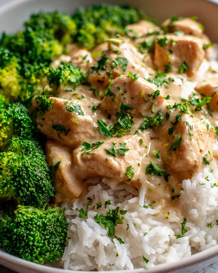 Leckere cremige Hähnchen Bowl mit Reis und frischem Brokkoli