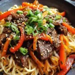 Reisnudeln mit Rindfleisch, Sojasauce und Gemüse