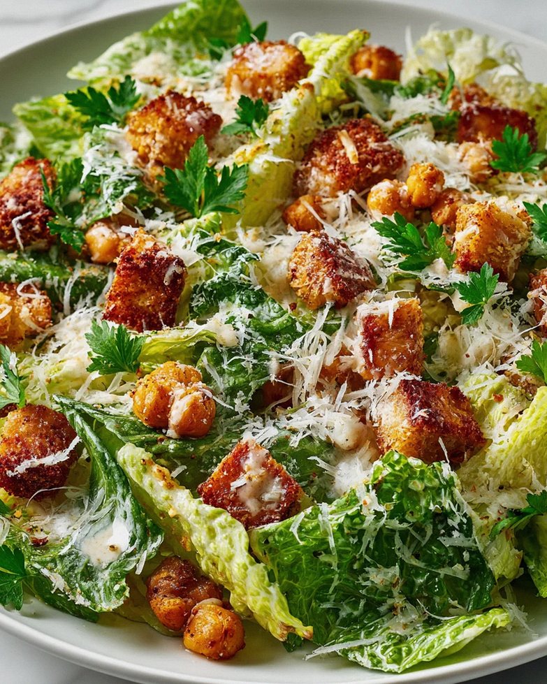 Vegetarischer Caesar Salat mit Kichererbsen-Croutons Rezept